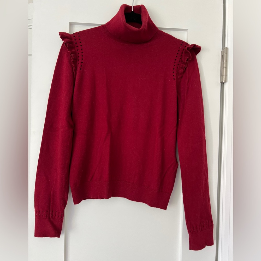 Kate Spade Red Turtleneck Ruffle Cotton Cashmere Long Sleeve Sweater [XS]